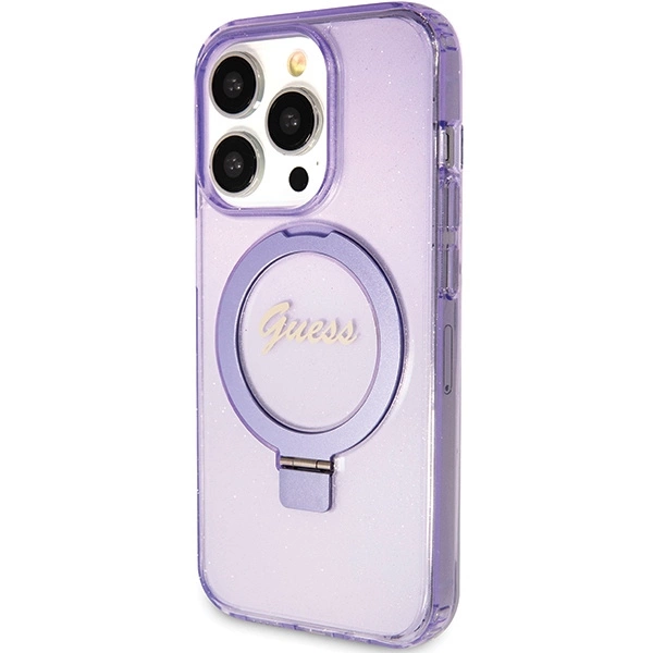 Guess Ring Stand Script Glitter MagSafe case for iPhone 15 Pro Max - purpleeng