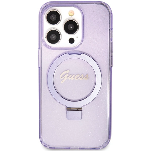 Guess Ring Stand Script Glitter MagSafe case for iPhone 15 Pro Max - purpleeng