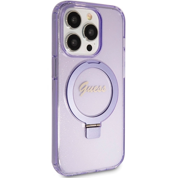 Guess Ring Stand Script Glitter MagSafe case for iPhone 15 Pro Max - purpleeng