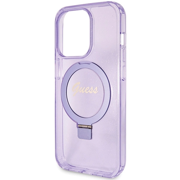 Guess Ring Stand Script Glitter MagSafe case for iPhone 15 Pro Max - purpleeng