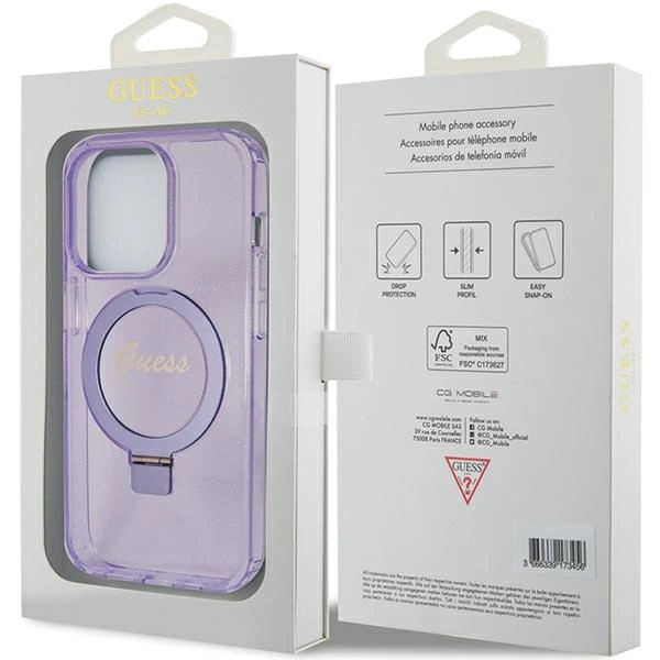 Guess Ring Stand Script Glitter MagSafe case for iPhone 15 Pro Max - purpleeng