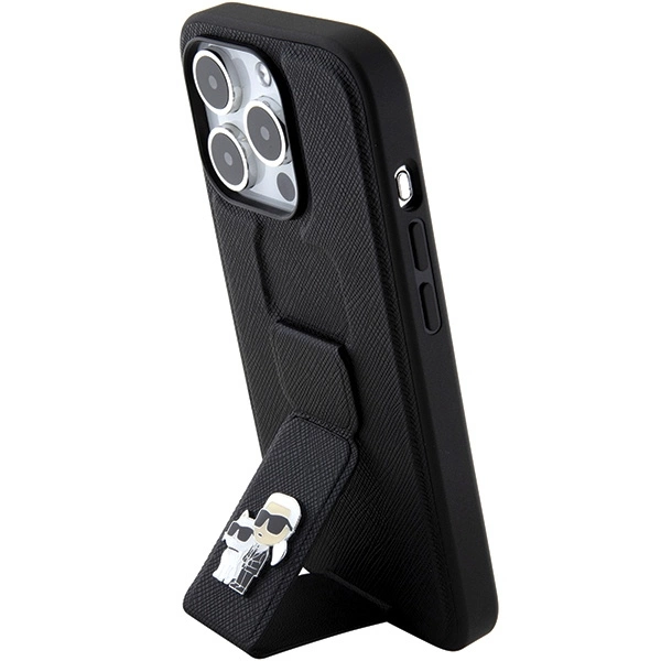 Karl Lagerfeld Gripstand Saffiano Karl&Choupette Pins case for iPhone 15 Pro - blackeng
