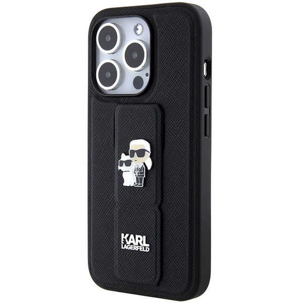 Karl Lagerfeld Gripstand Saffiano Karl&Choupette Pins case for iPhone 15 Pro - blackeng