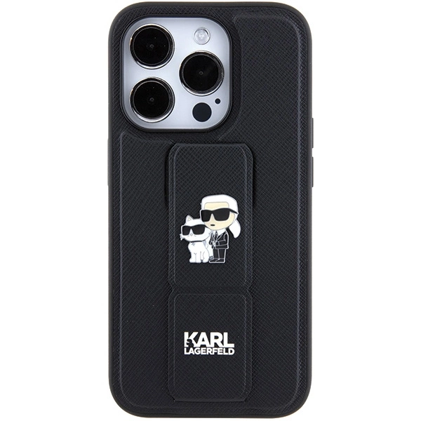 Karl Lagerfeld Gripstand Saffiano Karl&Choupette Pins case for iPhone 15 Pro - blackeng
