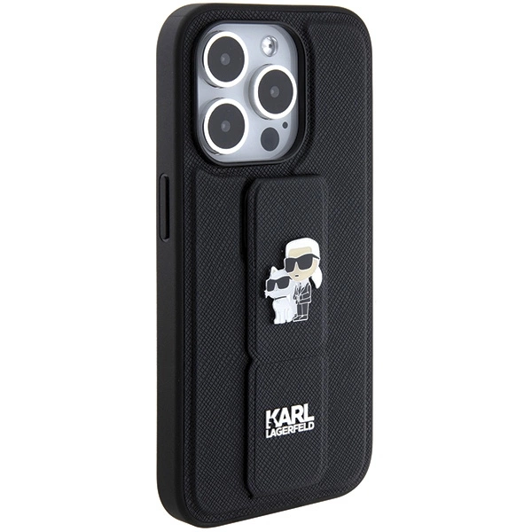 Karl Lagerfeld Gripstand Saffiano Karl&Choupette Pins case for iPhone 15 Pro - blackeng
