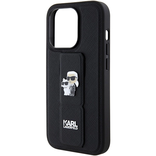 Karl Lagerfeld Gripstand Saffiano Karl&Choupette Pins case for iPhone 15 Pro - blackeng