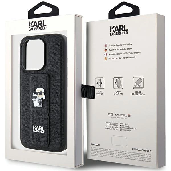 Karl Lagerfeld Gripstand Saffiano Karl&Choupette Pins case for iPhone 15 Pro - blackeng