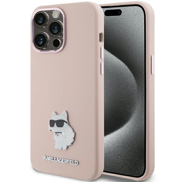 Karl Lagerfeld Silicone Choupette Metal Pin case for iPhone 15 Pro - pinkeng