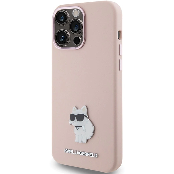 Karl Lagerfeld Silicone Choupette Metal Pin case for iPhone 15 Pro - pinkeng
