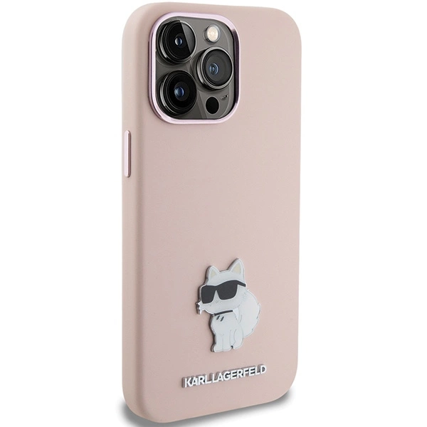 Karl Lagerfeld Silicone Choupette Metal Pin case for iPhone 15 Pro - pinkeng