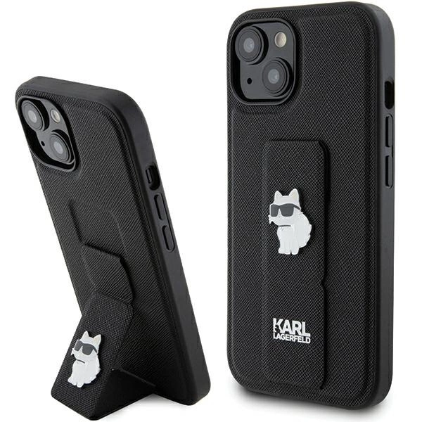Karl Lagerfeld Gripstand Saffiano Choupette Pins Case for iPhone 15 Plus / 14 Plus - Blackeng