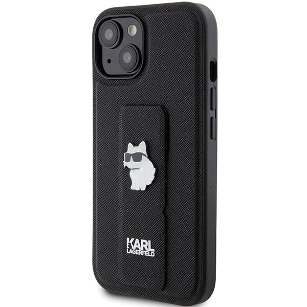 Karl Lagerfeld Gripstand Saffiano Choupette Pins Case for iPhone 15 Plus / 14 Plus - Blackeng