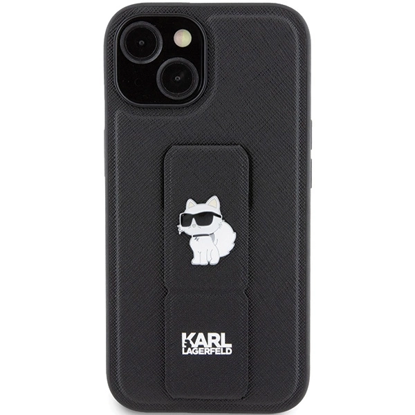 Karl Lagerfeld Gripstand Saffiano Choupette Pins Case for iPhone 15 Plus / 14 Plus - Blackeng