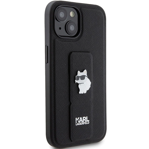 Karl Lagerfeld Gripstand Saffiano Choupette Pins Case for iPhone 15 Plus / 14 Plus - Blackeng