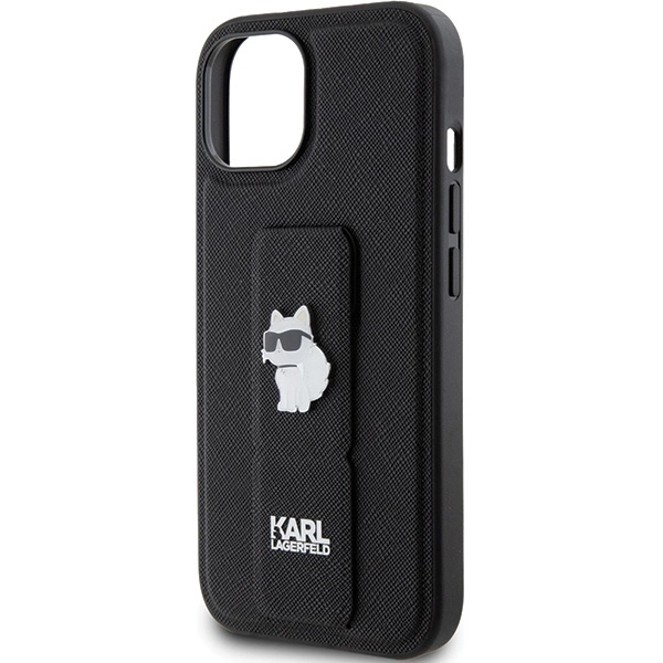 Karl Lagerfeld Gripstand Saffiano Choupette Pins Case for iPhone 15 Plus / 14 Plus - Blackeng