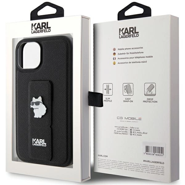 Karl Lagerfeld Gripstand Saffiano Choupette Pins Case for iPhone 15 Plus / 14 Plus - Blackeng