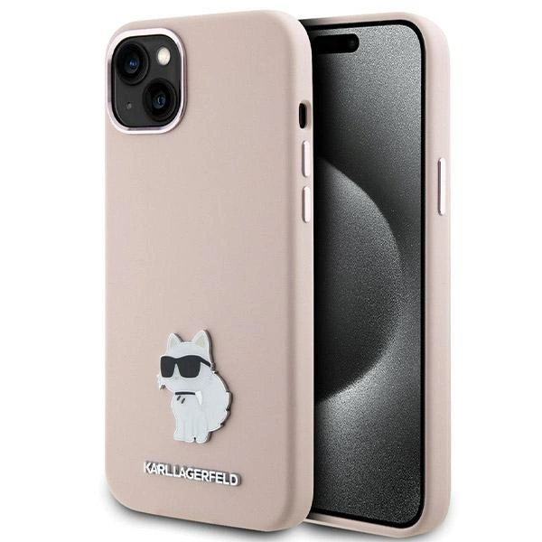 Karl Lagerfeld Silicone Choupette Metal Pin Case for iPhone 15 Plus / 14 Plus - Pinkeng