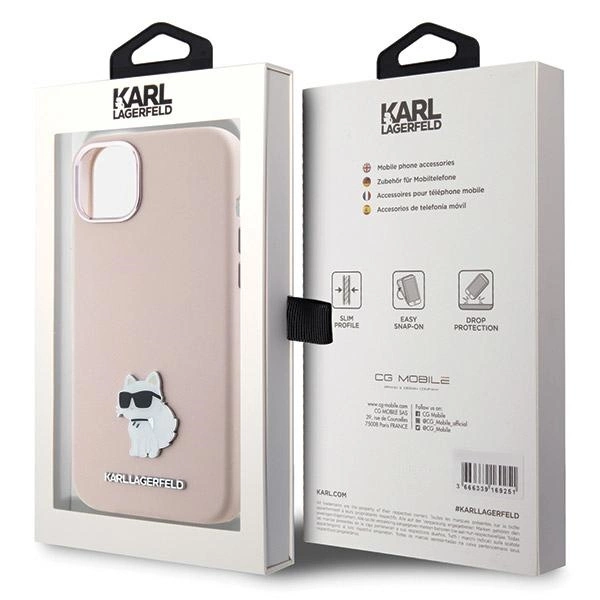 Karl Lagerfeld Silicone Choupette Metal Pin Case for iPhone 15 Plus / 14 Plus - Pinkeng