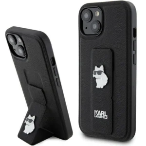 Karl Lagerfeld Gripstand Saffiano Choupette Pins case for iPhone 15 - blackeng