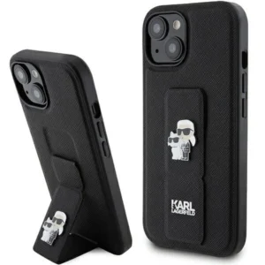 Karl Lagerfeld Gripstand Saffiano Karl&Choupette Pins case for iPhone 15 - blackeng