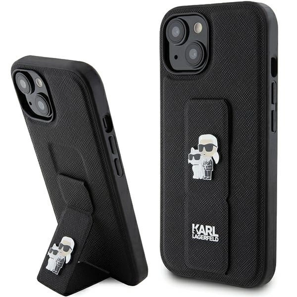Karl Lagerfeld Gripstand Saffiano Karl&Choupette Pins case for iPhone 15 - blackeng
