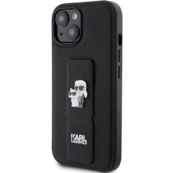 Karl Lagerfeld Gripstand Saffiano Karl&Choupette Pins case for iPhone 15 - blackeng