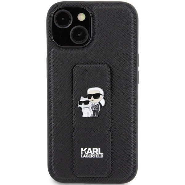 Karl Lagerfeld Gripstand Saffiano Karl&Choupette Pins case for iPhone 15 - blackeng