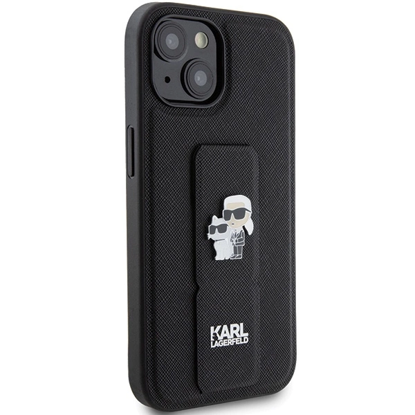 Karl Lagerfeld Gripstand Saffiano Karl&Choupette Pins case for iPhone 15 - blackeng