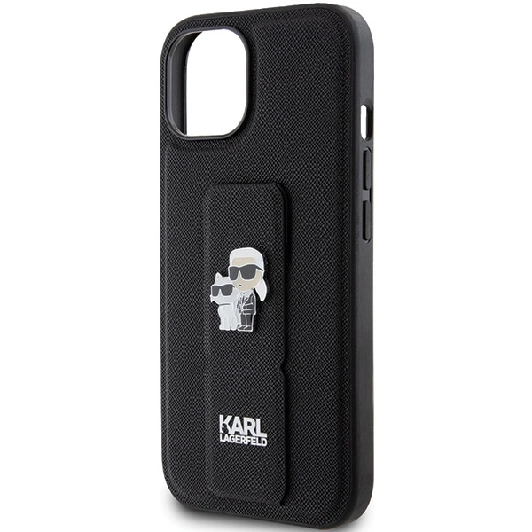 Karl Lagerfeld Gripstand Saffiano Karl&Choupette Pins case for iPhone 15 - blackeng
