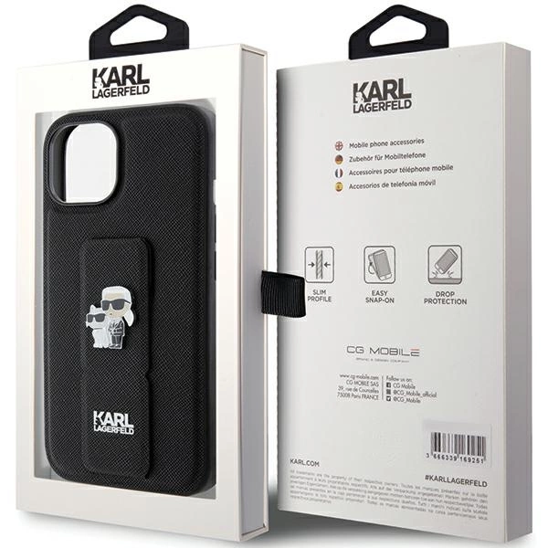 Karl Lagerfeld Gripstand Saffiano Karl&Choupette Pins case for iPhone 15 - blackeng