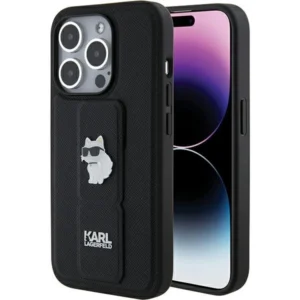 Karl Lagerfeld Gripstand Saffiano Choupette Pins case for iPhone 15 Pro Max - blackeng