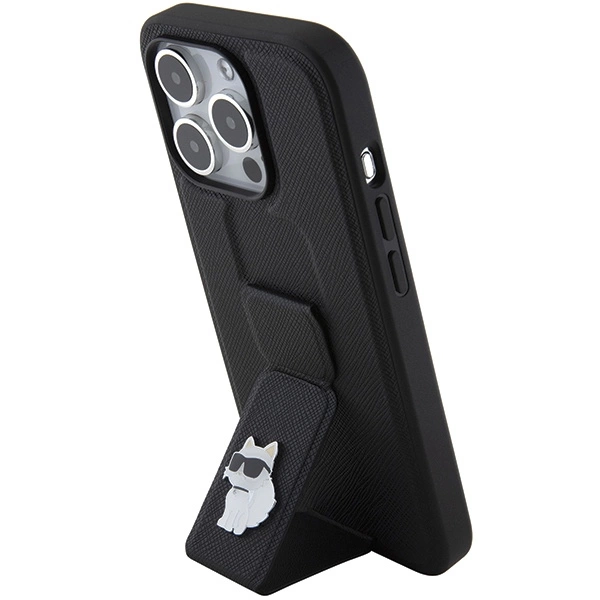 Karl Lagerfeld Gripstand Saffiano Choupette Pins case for iPhone 15 Pro Max - blackeng