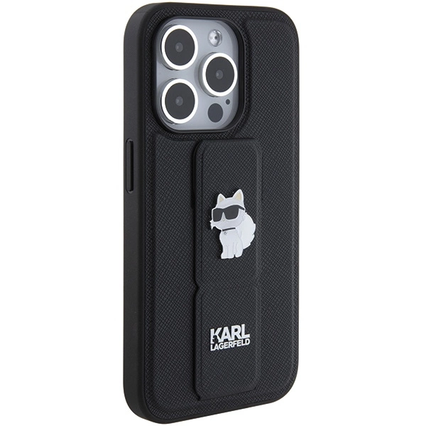Karl Lagerfeld Gripstand Saffiano Choupette Pins case for iPhone 15 Pro Max - blackeng
