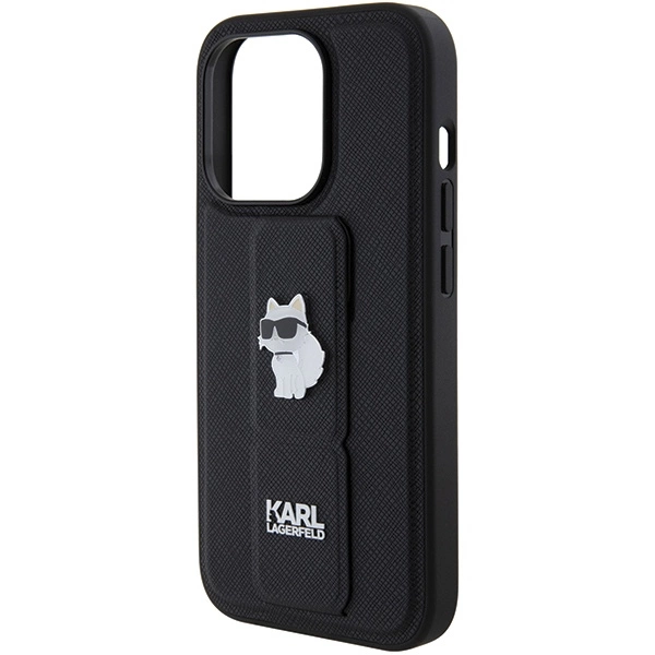 Karl Lagerfeld Gripstand Saffiano Choupette Pins case for iPhone 15 Pro Max - blackeng