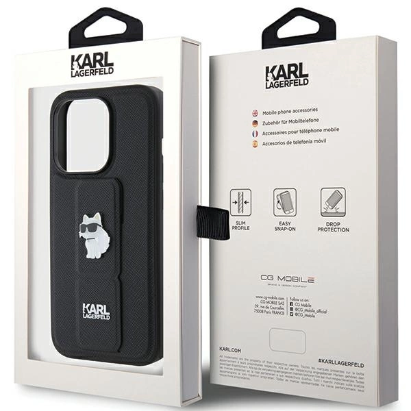 Karl Lagerfeld Gripstand Saffiano Choupette Pins case for iPhone 15 Pro Max - blackeng