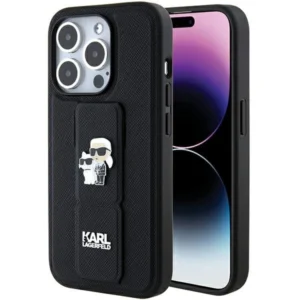 Karl Lagerfeld Gripstand Saffiano Karl&Choupette Pins case for iPhone 15 Pro Max - blackeng