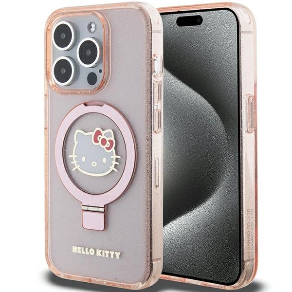 Hello Kitty Ring Stand Glitter Electrop Logo MagSafe Case for iPhone 15 Pro - Pinkeng