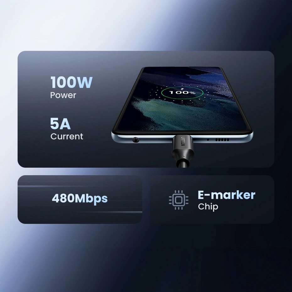 Ugreen US562 USB-C - USB-C PD QC cable 100W 5A 480Mb/s 1.5m - blackeng