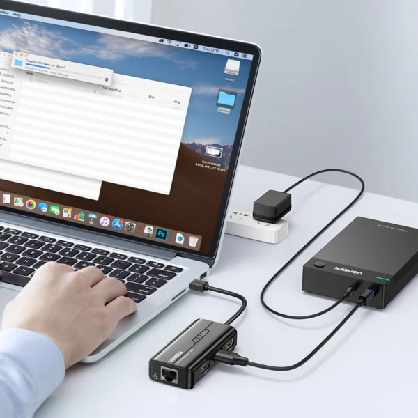 Ugreen 20264 RJ45 / USB-A 10/100Mbps HUB network adapter 3x USB-A 2.0 - blackeng