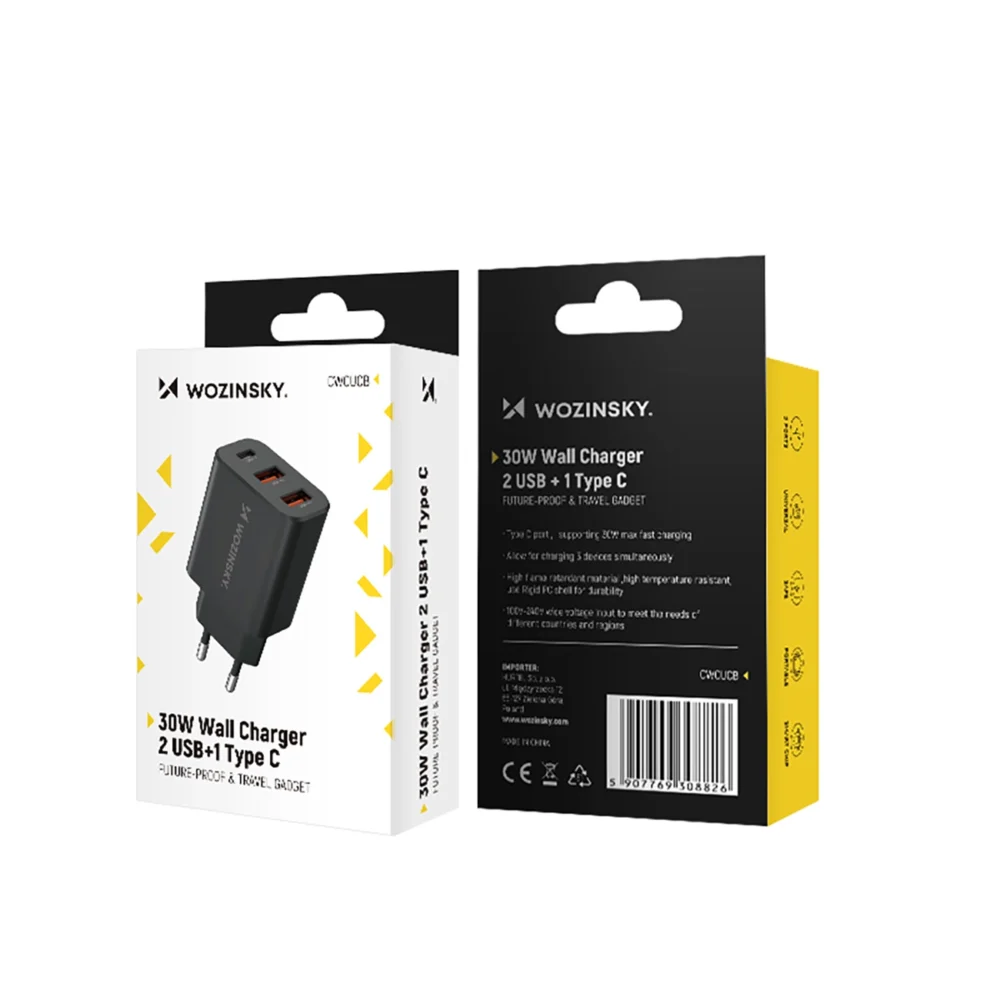 Wozinsky CWCUCB 30W USB-C / 2 x USB-A Wall Charger - Blackeng
