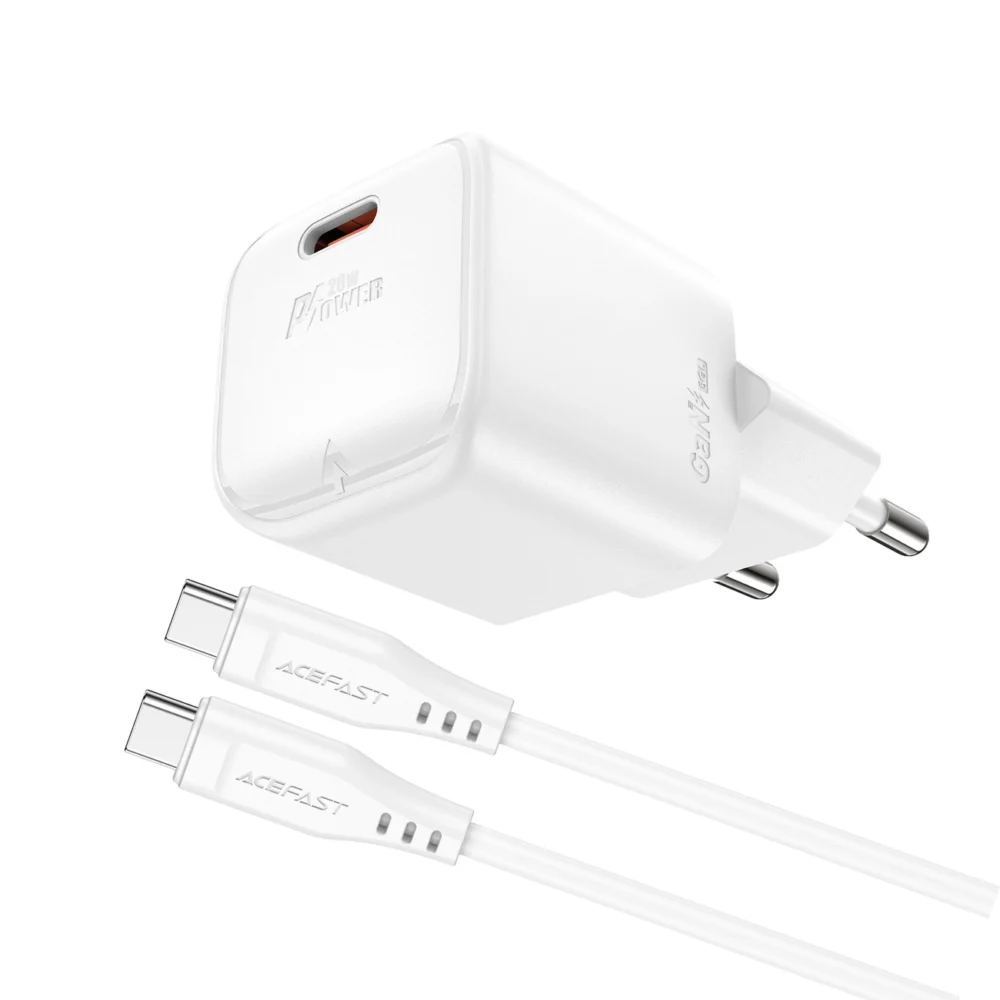 Acefast A73 Mini PD 20W GaN wall charger + USB-C cable - whiteeng