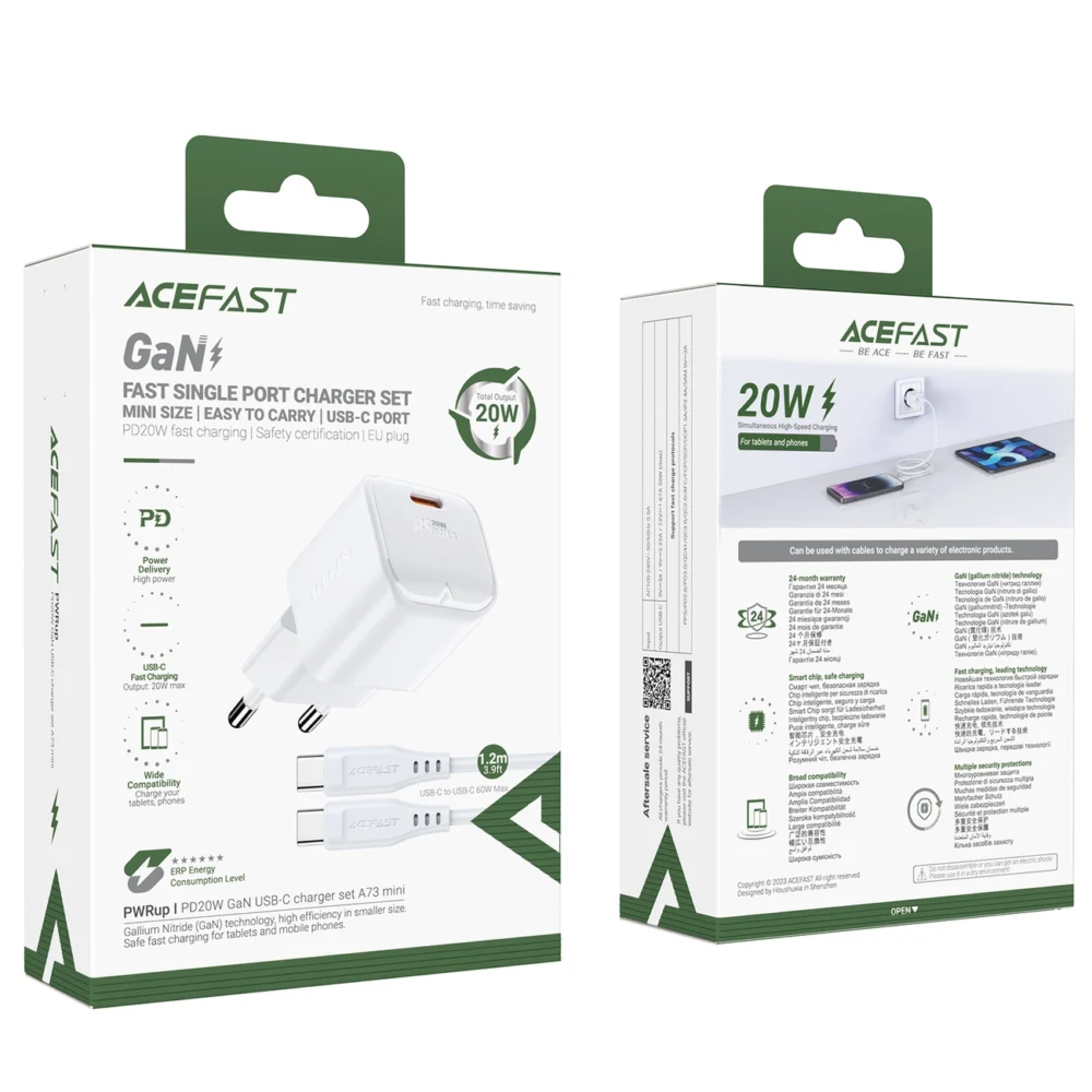 Acefast A73 Mini PD 20W GaN wall charger + USB-C cable - whiteeng