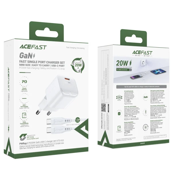Acefast A73 Mini PD 20W GaN wall charger + USB-C cable - whiteeng