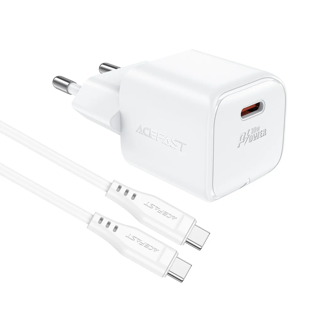 Acefast A77 Mini PD 30W GaN wall charger + USB-C cable - whiteeng