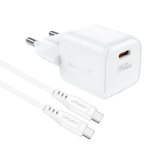 Acefast A77 Mini PD 30W GaN wall charger + USB-C cable - whiteeng