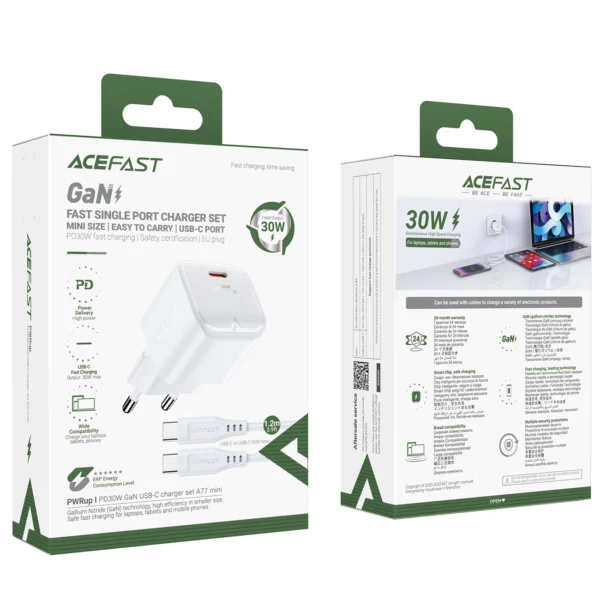 Acefast A77 Mini PD 30W GaN wall charger + USB-C cable - whiteeng