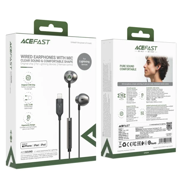 Acefast L1 in-ear headphones with Lightning connector, microphone and remote control 1.2 m - blackeng