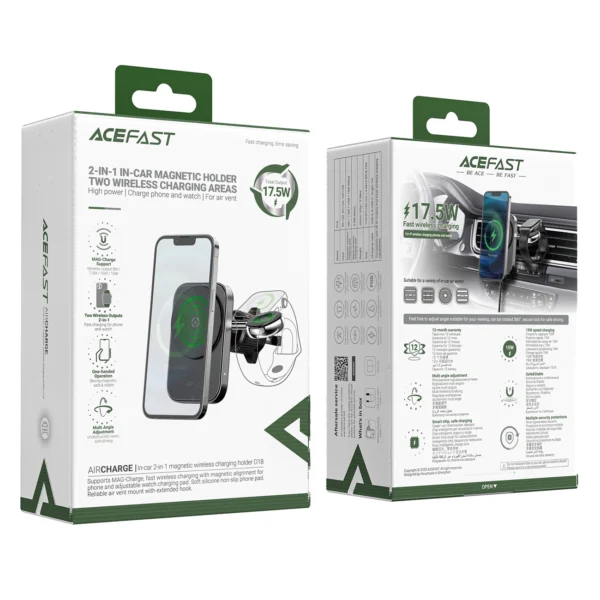 Acefast D18 car holder with MagSafe / Qi inductive charger + USB-A USB-C cable - blackeng