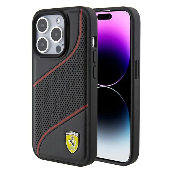 Ferrari Perforated Waves Metal Logo case for iPhone 15 Pro - blackeng
