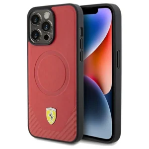 Ferrari Carbon Metal Logo MagSafe iPhone 15 Pro Max Case - Redeng